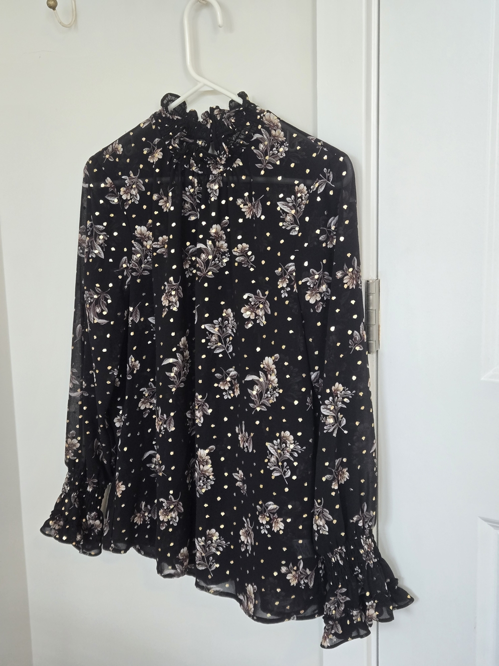 Pleione Black Floral Ruffle-Neck Blouse